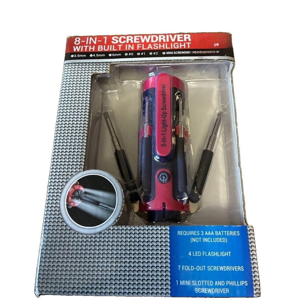 Red & Black Mini Multi Screwdriver Flashlight Tool 8 in 1 New In Box